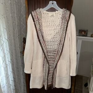 Angel of the North Ivory Rainbow Hooded Open Front Long Cardigan XS